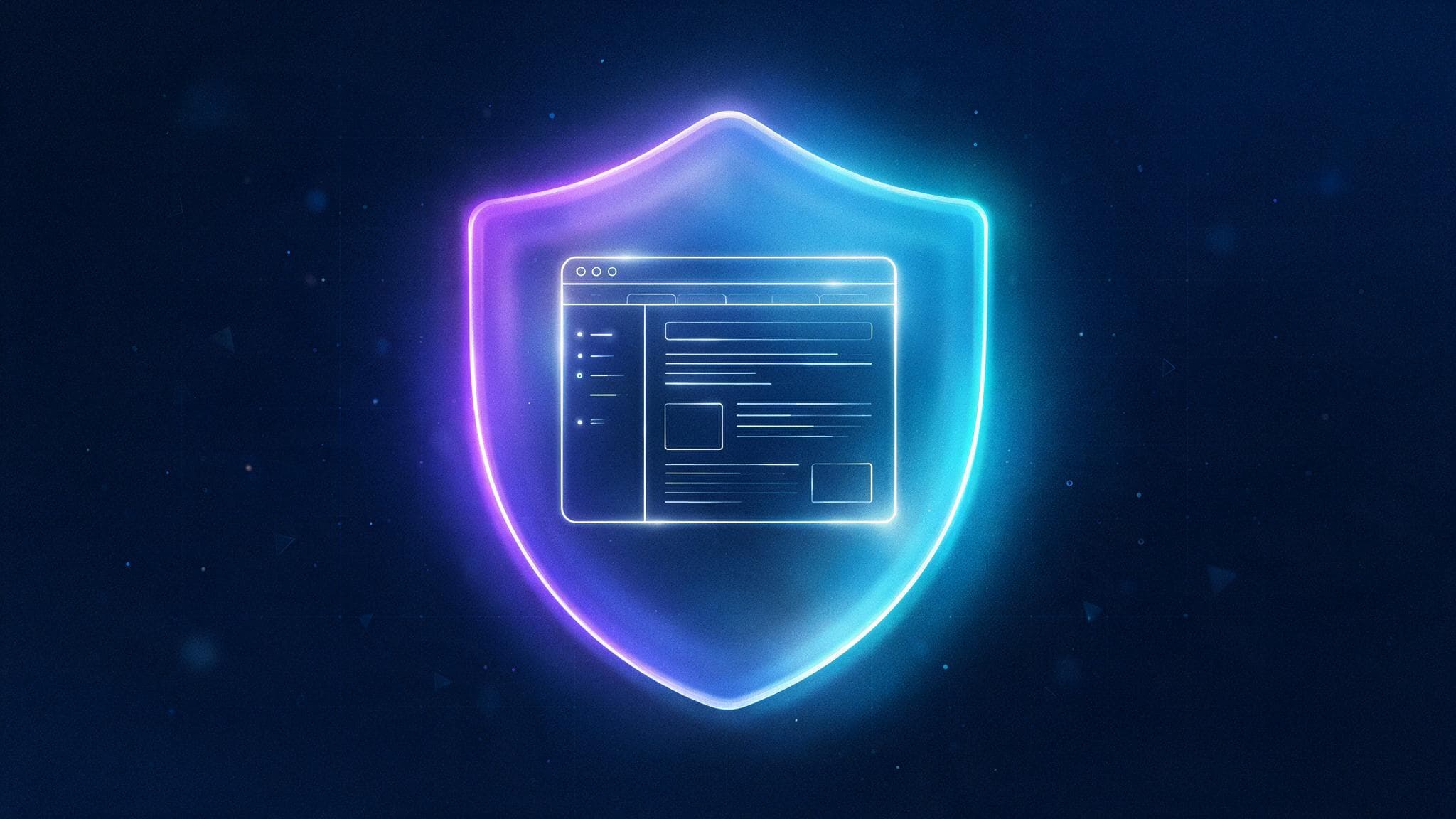 Abstract illustration of a glowing shield protecting a website browser wireframe